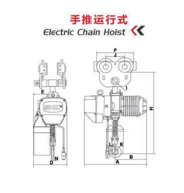 手推运行式电动葫芦侧面剖析图